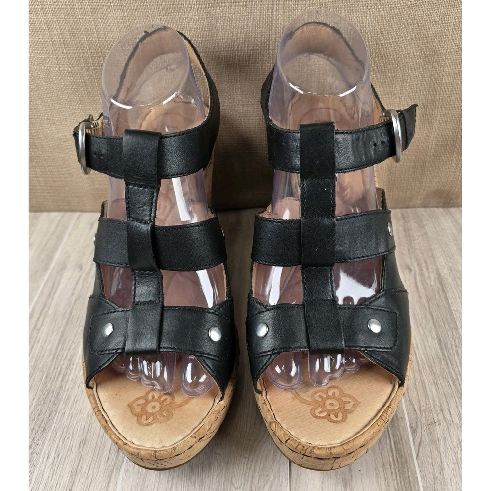 Born Black Strappy Leather Cork Wedge Platform Sandals Buckle Women's Sz 10 Boho